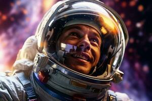 une content astronaute homme dans espace casque et espace thème avec génératif ai photo