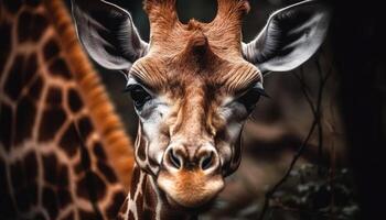 girafe pâturage dans africain prairie, mignonne portrait généré par ai photo