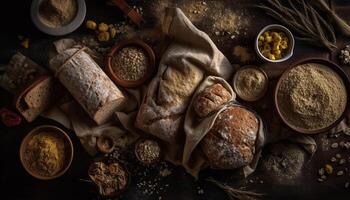 rustique pain ciabatta cuit sur en bois table à l'intérieur généré par ai photo