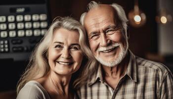 Sénior couple embrasse vieillissement avec l'amour et joie généré par ai photo