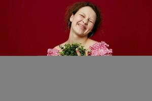 Jeune femme dans rose chemisier est posant avec une plante dans blanc pot photo