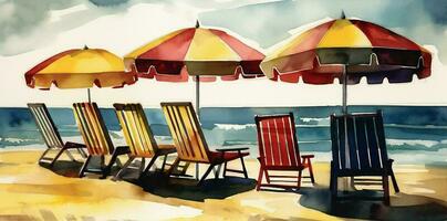 Caraïbes aquarelle parapluie recours du repos chaise se détendre été plage Contexte vacances. génératif ai. photo