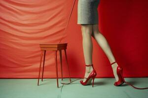 femme magnifique pied mode bleu concept chaussure Vêtements jambe rouge coloré. génératif ai. photo