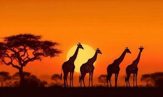 sauvage la nature Afrique l'éléphant safari silhouette animal faune girafe le coucher du soleil. génératif ai. photo