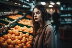 légume femme épicerie achats en bonne santé fruit marché client nourriture boutique nuit. génératif ai. photo