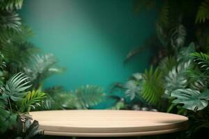 podium feuille vert conception en bois Plate-forme en haut espace paume Couleur faux. génératif ai. photo