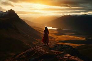 femme promeneur homme paysage périple la nature sac à dos retour Jeune Montagne aventure Voyage. génératif ai. photo