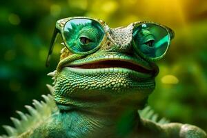 vert des lunettes fermer portrait iguane lézard faune reptile animal escalader. génératif ai. photo