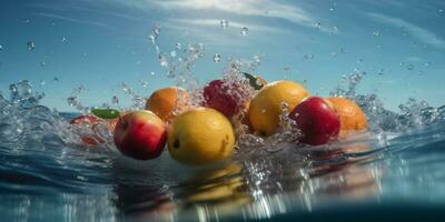en bonne santé santé fruit vitamine nourriture Contexte Frais laissez tomber fraise vert l'eau. génératif ai. photo