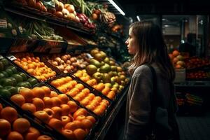 en bonne santé femme légume boutique mode de vie marché nourriture achats fruit épicerie nuit. génératif ai. photo