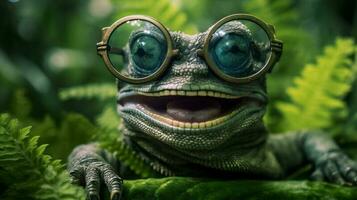 faune iguane portrait des lunettes vert fermer animal échelle lézard reptile. génératif ai. photo