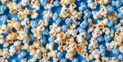 nourriture cinéma bleu blé Contexte divertissement pop corn salé blanc casse-croûte boîte. génératif ai. photo