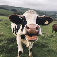 pâturage sourire bétail portrait vache champ rural tête fermer animal. génératif ai. photo