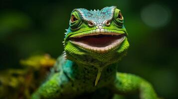 iguane échelle reptile animal vert des lunettes lézard portrait fermer faune. génératif ai. photo