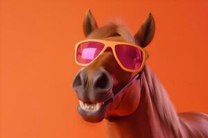 sourire animal de compagnie Contexte animal des lunettes de protection marrant cheval portrait des lunettes de soleil amusement coloré. génératif ai. photo