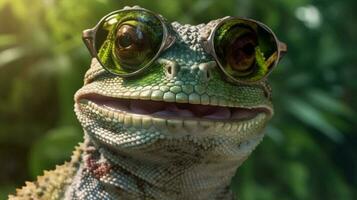 faune des lunettes portrait vert animal reptile fermer lézard iguane escalader. génératif ai. photo