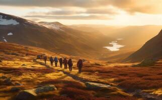 randonnée homme Montagne trekking la nature en marchant femelle Voyage mode de vie groupe touristique. génératif ai. photo