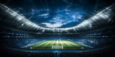 stade Jeu objectif Football football lumière sport monde vert arène. génératif ai. photo