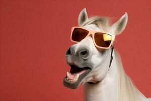 marrant coloré Contexte cheval animal sourire portrait des lunettes de soleil beauté des lunettes de protection amusement. génératif ai. photo