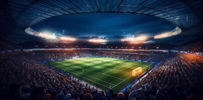 arène objectif sport football Jeu monde vert lumière stade football. génératif ai. photo