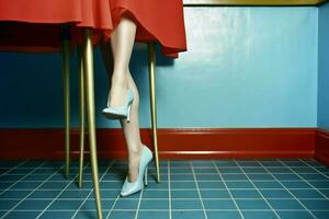 femme magnifique chaussure bleu mode haute concept jambe coloré rouge pied. génératif ai. photo