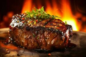 du boeuf rouge savoureux foncé brut gril nourriture steak frit Viande Contexte. génératif ai. photo
