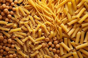 brut Pâtes spaghetti non cuit macaroni Contexte groupe nourriture ingrédient italien en bonne santé. génératif ai. photo