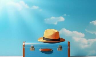bagages périple voyageur Voyage bleu vacances valise Contexte voyage vacances chapeau. génératif ai. photo