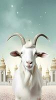 chèvre dans de face de le mosquée, eid Al adha, islamique affiche. ai généré photo