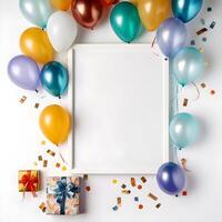 Cadre avec des ballons et confettis autour il. anniversaire et salutation concept. ai généré photo