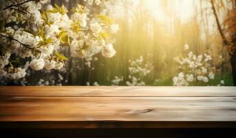 vide en bois table pour produit afficher montages avec printemps fleur Contexte ai généré photo