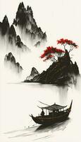 Japon style 2d paysage peinture. ouvrages d'art et conception. Contexte dessin et illustration. photo