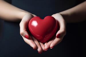 photo de lumière et foncé rouge cœur dans fille main concentrer de cœur. valentines journée concept. génératif ai