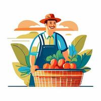 souriant Masculin agriculteur ou jardinier dans uniforme détient panier de mûr des légumes et des fruits. travail et récolte. photo
