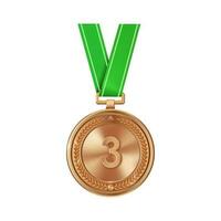 réaliste bronze médaille sur vert ruban avec gravé nombre trois. des sports compétition récompenses pour troisième lieu. championnat récompense pour réalisations et la victoire. photo