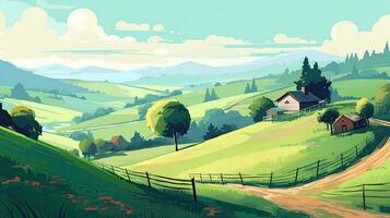calmant mignonne rural paysage avec des champs, pâturages et enroulement routes dans une dessin animé style. génératif ai. photo