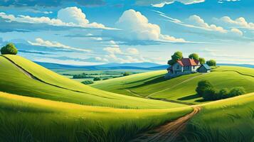 calmant mignonne rural paysage avec des champs, pâturages et enroulement routes dans une dessin animé style. génératif ai. photo