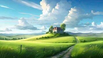 calmant mignonne rural paysage avec des champs, pâturages et enroulement routes dans une dessin animé style. génératif ai. photo