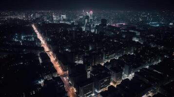 captivant aérien vue de une vibrant paysage urbain à nuit, avec fascinant mouvement brouiller effet. scintillement lumières, animé des rues, et un électrisant vie nocturne atmosphère. génératif ai. photo