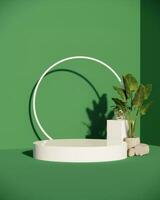 photo 3d rendre blanc podium avec plante et des pierres pour produit afficher sur vert Contexte