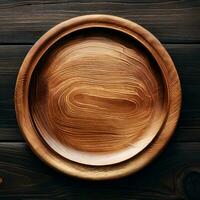 rond en bois assiette sur foncé en bois Contexte Haut vue photo