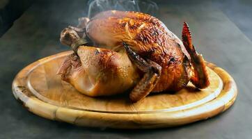 rôti poulet sur une en bois assiette fumée à venir en dehors photo