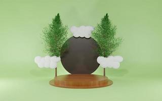 Scène minimale de rendu 3d avec des arbres de podium et des nuages couleur verte isolée photo