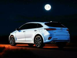 une La peinture de une blanc voiture avec une plein lune dans le Contexte photo