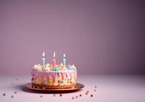 anniversaire coloré gâteau décoré avec bonbons, anniversaire gâteau avec bougies, génératif ai. photo