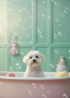 mignonne maltais chien dans une petit baignoire avec savon mousse et bulles, mignonne pastel couleurs, génératif ai. photo