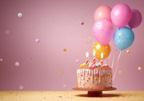 anniversaire coloré gâteau décoré avec bonbons, anniversaire gâteau avec bougies, génératif ai. photo