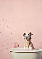 mignonne barzoï chien dans une petit baignoire avec savon mousse et bulles, mignonne pastel couleurs, génératif ai. photo