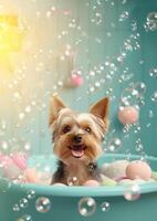 mignonne Yorkshire terrier chien dans une petit baignoire avec savon mousse et bulles, mignonne pastel couleurs, génératif ai. photo