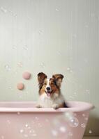 mignonne shetland chien de berger chien dans une petit baignoire avec savon mousse et bulles, mignonne pastel couleurs, génératif ai. photo